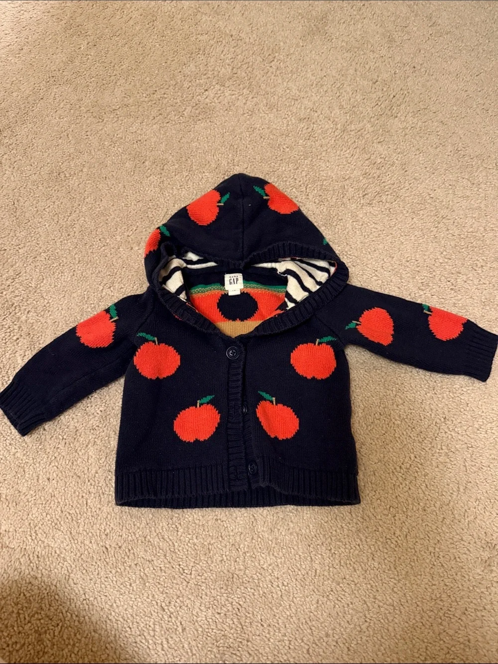 GAP Navy Hooded Cardigan with Red Apple Motif